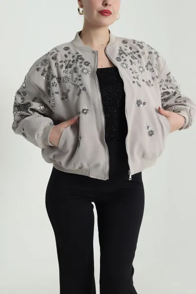 Bej Pul Nakış Detay Işık Kadife Kadın Bomber 491566