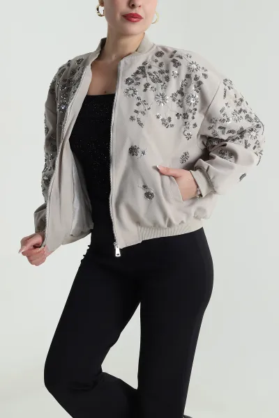 Bej Pul Nakış Detay Işık Kadife Kadın Bomber 491566