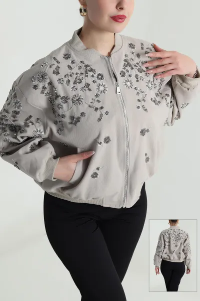 Bej Pul Nakış Detay Işık Kadife Kadın Bomber 491566