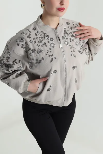Bej Pul Nakış Detay Işık Kadife Kadın Bomber 491566