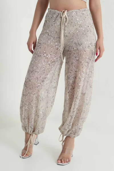 Bej Pullu File Kadın Pantolon 475453