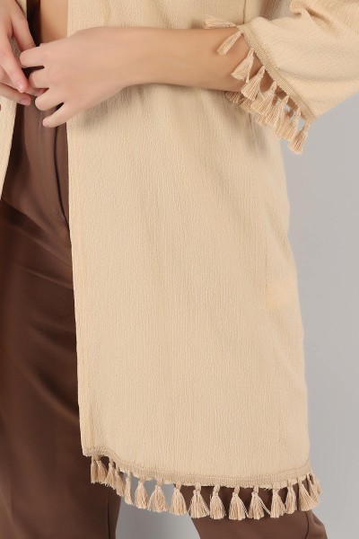 Bej Püskül Tasarım Krinkıl Kimono Hırka 150531