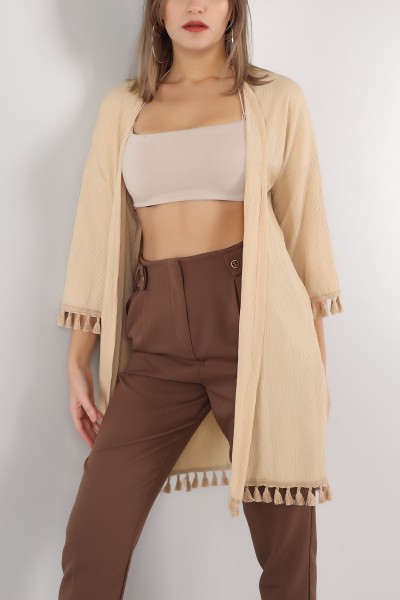 Bej Püskül Tasarım Krinkıl Kimono Hırka 150531