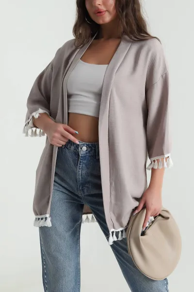 Bej Püsküllü Keten Kadın Kimono 481639