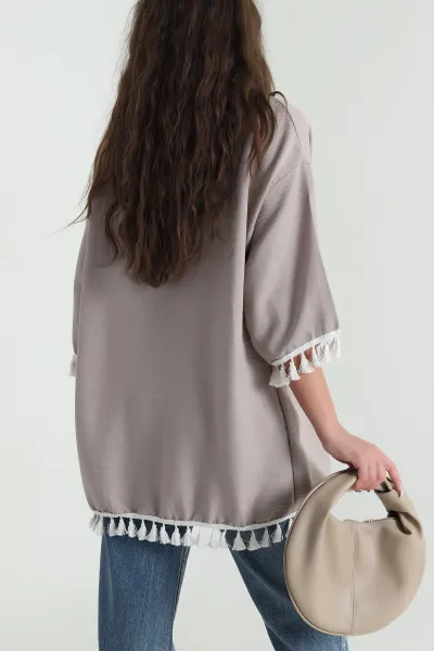 Bej Püsküllü Keten Kadın Kimono 481639
