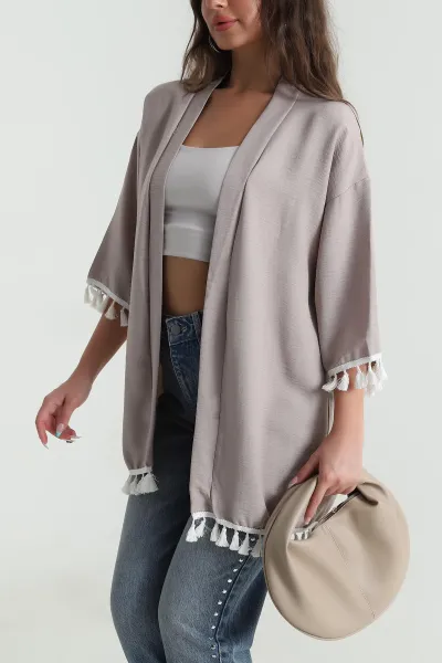 Bej Püsküllü Keten Kadın Kimono 481639