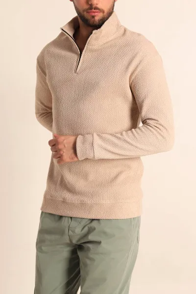 Bej Rahat Kalıp Örgü Dokulu Yarım Fermuar Sweatshirt 228823