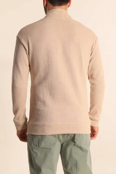 Bej Rahat Kalıp Örgü Dokulu Yarım Fermuar Sweatshirt 228823