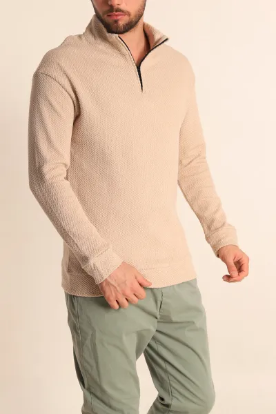 Bej Rahat Kalıp Örgü Dokulu Yarım Fermuar Sweatshirt 228823