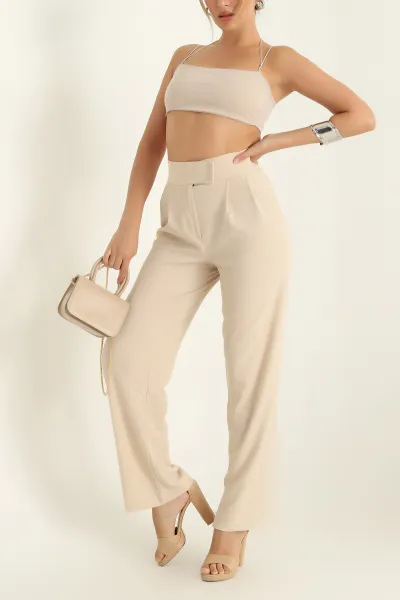 Bej Raşel Kumaş Cırt Kemerli Pantolon 288672