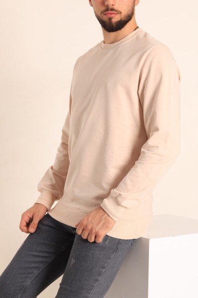Bej Regular Fit Basic Bisiklet Yaka Erkek Sweatshirt 217616