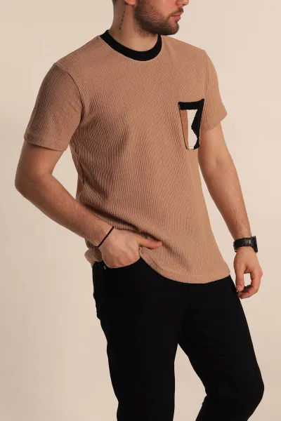 Bej Regular Fit Cep Detaylı Triko Örme Erkek Tişört 268382