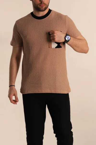 Bej Regular Fit Cep Detaylı Triko Örme Erkek Tişört 268382