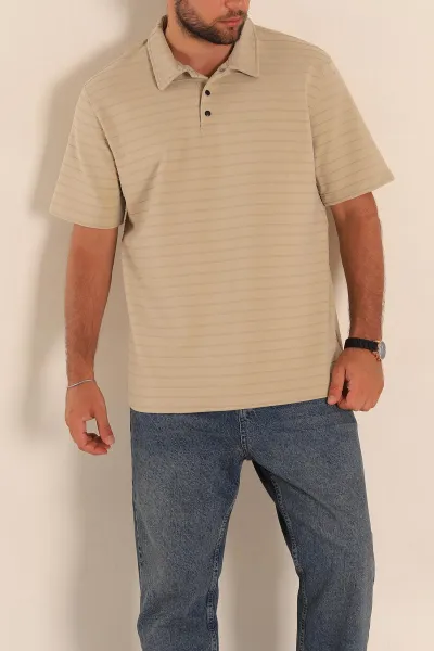 Bej Regular Fit Çizgi Dokulu Düğmeli Polo Yaka Erkek Tişört 276672