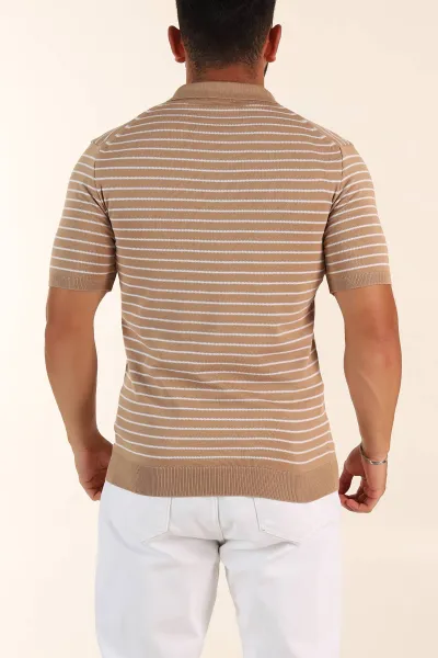 Bej Regular Fit Çizgili Apaş Yaka Triko Tişört 254689