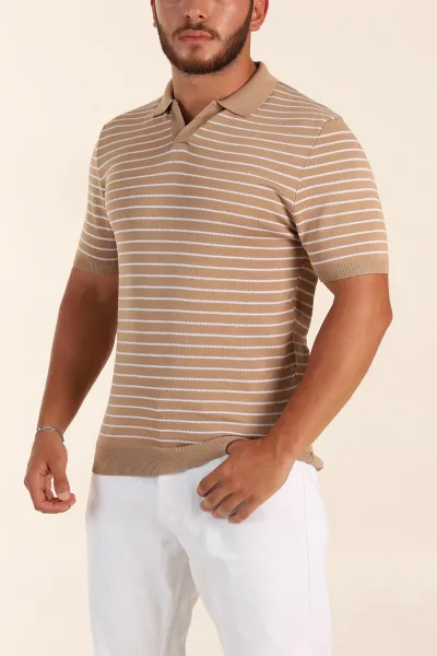 Bej Regular Fit Çizgili Apaş Yaka Triko Tişört 254689