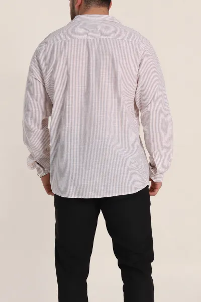 Bej Regular Fit Çizgili Ata Yaka Erkek Gömlek 349917