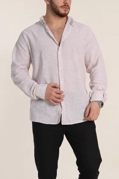 Bej Regular Fit Çizgili Ata Yaka Erkek Gömlek 349917