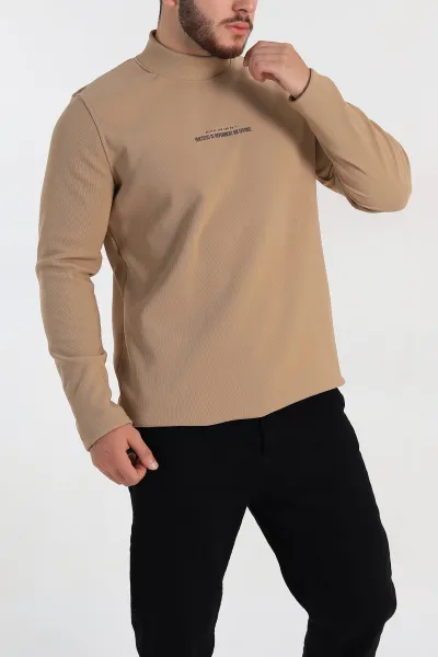 Bej Regular Fit Dik Yaka Kabartma Yazılı Erkek Sweatshirt 305765