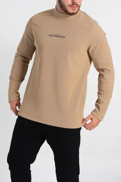 Bej Regular Fit Dik Yaka Kabartma Yazılı Erkek Sweatshirt 305765