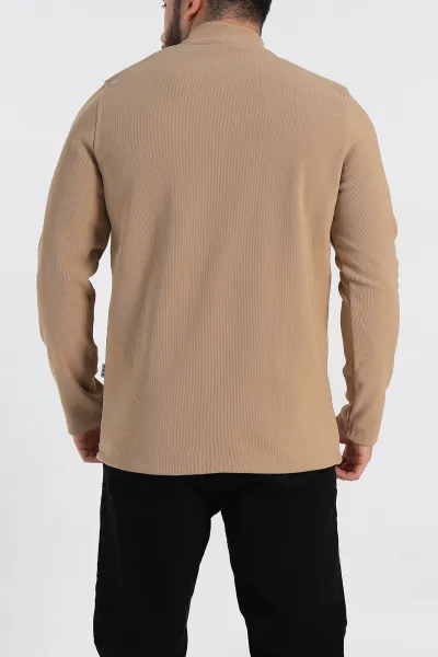 Bej Regular Fit Dik Yaka Kabartma Yazılı Erkek Sweatshirt 305765