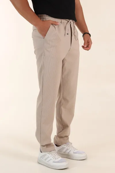 Bej Regular Fit Dokulu Bel Lastikli Erkek Pantolon 382283