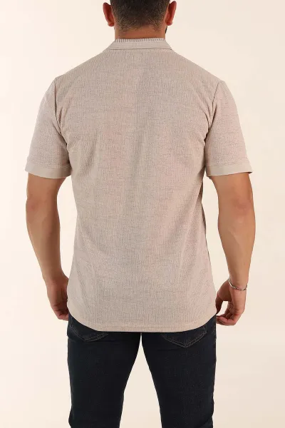 Bej Regular Fit Dokulu Düğmeli Polo Yaka Erkek Triko Tişört 370069