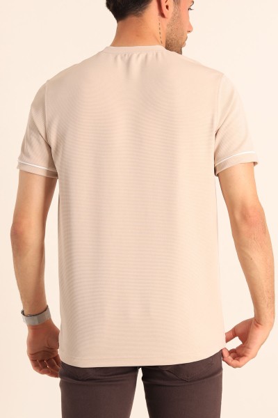 Bej Regular Fit Dokulu Nakışlı Yazı Detay Erkek Tişört 182158