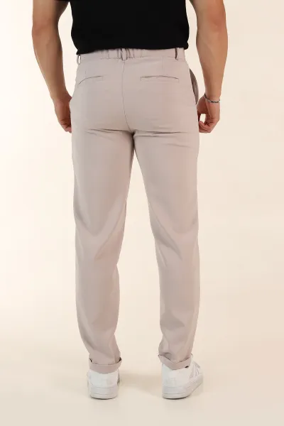 Bej Regular Fit Duble Kumaş Duble Paça Bel Arkası Lastikli Erkek Pantolon 368371