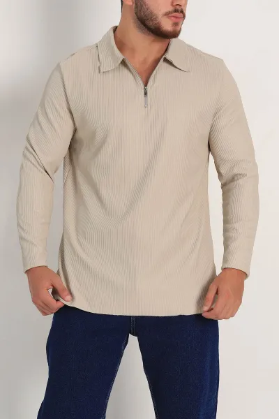 Bej Regular Fit Fitilli Doku Polo Yaka Sweatshirt 299826