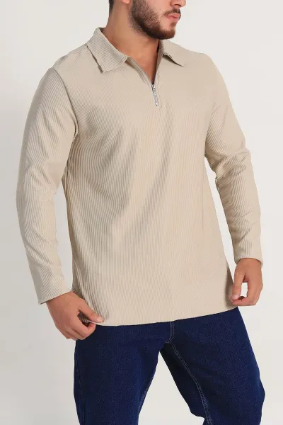 Bej Regular Fit Fitilli Doku Polo Yaka Sweatshirt 299826