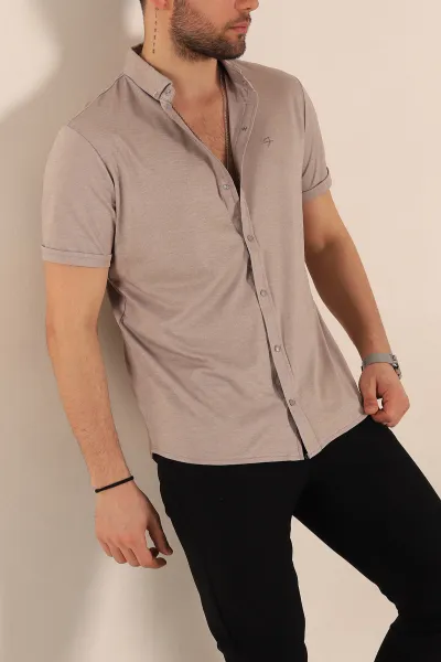 Bej Regular Fit Jakarlı Çıt Çıt Düğmeli Kısa Kollu Erkek Gömlek 263721