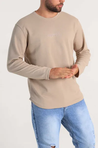 Bej Regular Fit Kabartma Baskılı Erkek Sweatshirt 303420