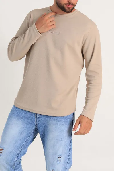 Bej Regular Fit Kabartma Baskılı Erkek Sweatshirt 303420