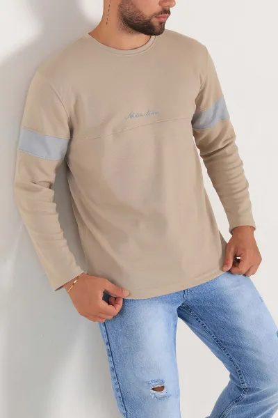 Bej Regular Fit Kabartma Baskılı Erkek Sweatshirt 303425