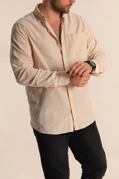 bej-regular-fit-keten-tek-cep-detayli-uzun-kollu-erkek-gomlek-267482