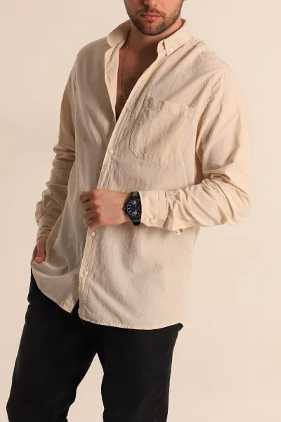 Bej Regular Fit Keten Tek Cep Detaylı Uzun Kollu Erkek Gömlek 267482