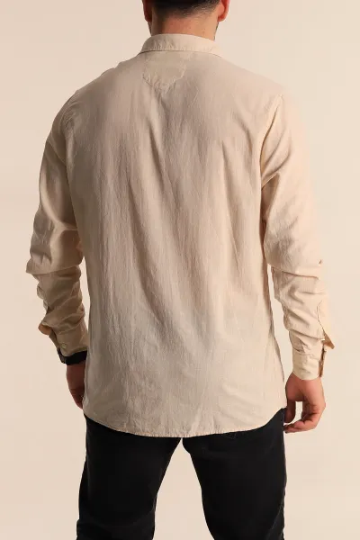 Bej Regular Fit Keten Tek Cep Detaylı Uzun Kollu Erkek Gömlek 267482