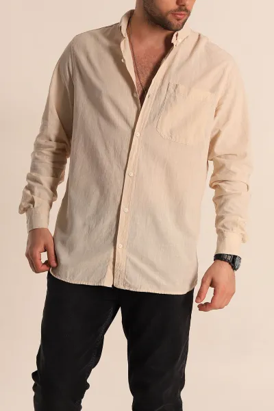 Bej Regular Fit Keten Tek Cep Detaylı Uzun Kollu Erkek Gömlek 267482