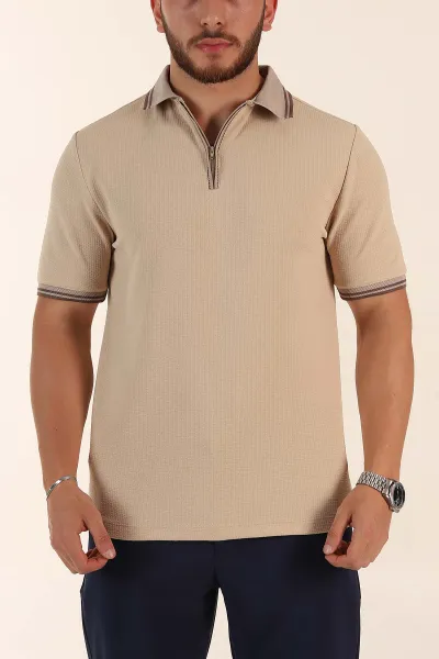 Bej Regular Fit Likralı Çizgili Polo Yaka Erkek Tişört 368730