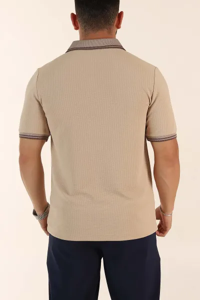 Bej Regular Fit Likralı Çizgili Polo Yaka Erkek Tişört 368730