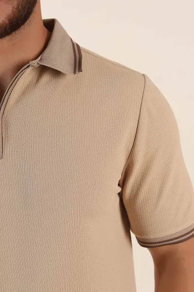 Bej Regular Fit Likralı Çizgili Polo Yaka Erkek Tişört 368730