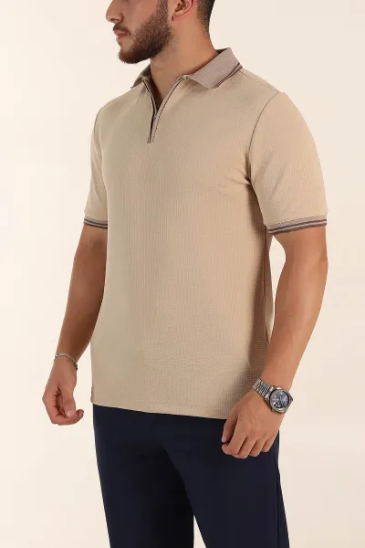 Bej Regular Fit Likralı Çizgili Polo Yaka Erkek Tişört 368730