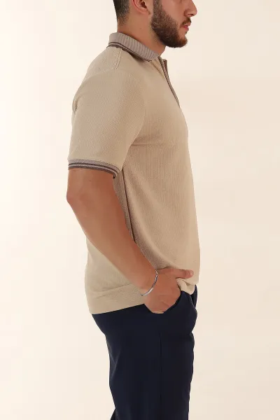 Bej Regular Fit Likralı Çizgili Polo Yaka Erkek Tişört 368730