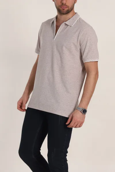 Bej Regular Fit Petek Dokulu Polo Yaka Erkek Tişört 349896
