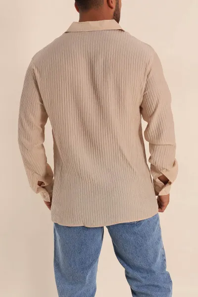 Bej Regular Fit Plise Dokulu Erkek Gömlek 285472