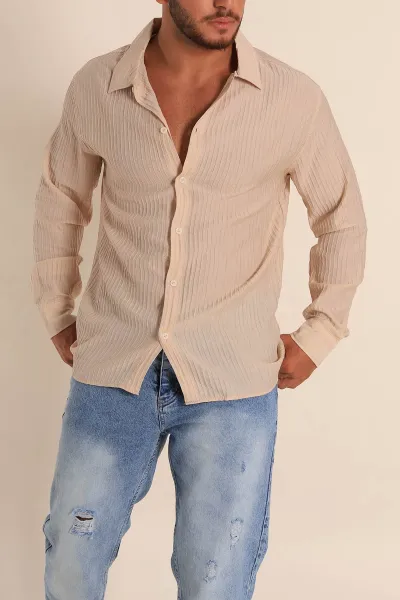 Bej Regular Fit Plise Dokulu Erkek Gömlek 285472