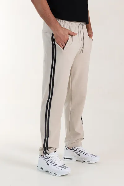 Bej Regular Fit Şerit Detaylı Fermuarlı Cepli Erkek Eşofman Altı 402379