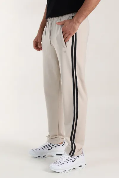 Bej Regular Fit Şerit Detaylı Fermuarlı Cepli Erkek Eşofman Altı 402379