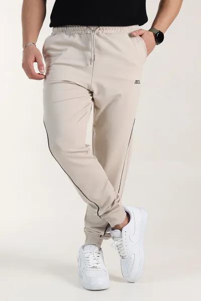 Bej Regular Fit Şerit Detaylı Paça Lastikli Erkek Eşofman Altı 402373